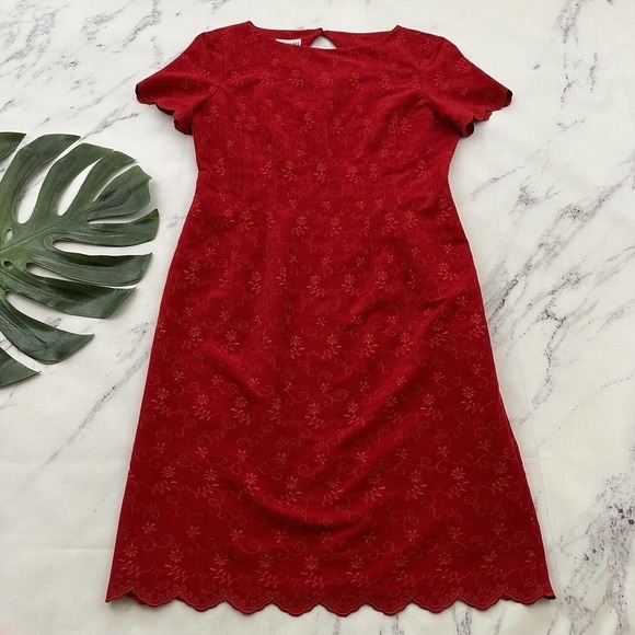 Robbie Bee Womens Vintage 90s Sheath Dress Size 8 Red Floral Embroidered Scallop - Picture 1 of 9